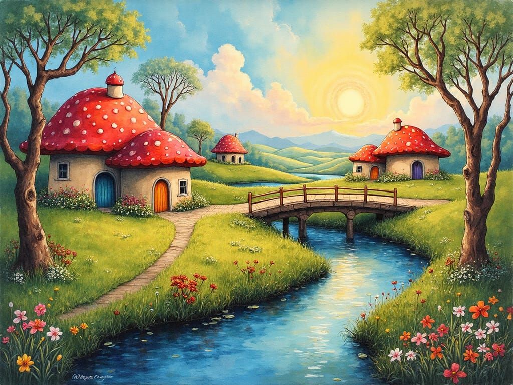 Colorful Mushroom Cottages in Impressionist Impasto Style