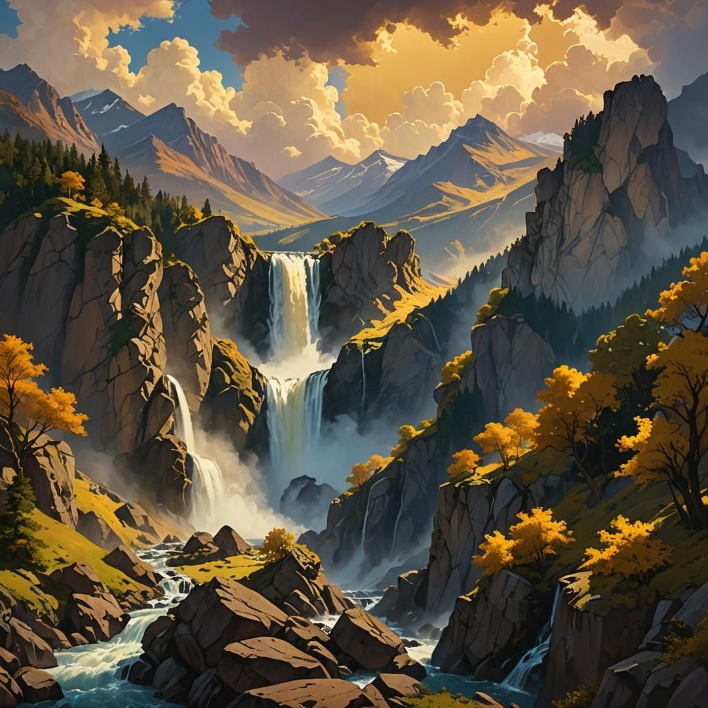 Golden Hour Waterfall in Parrish Style