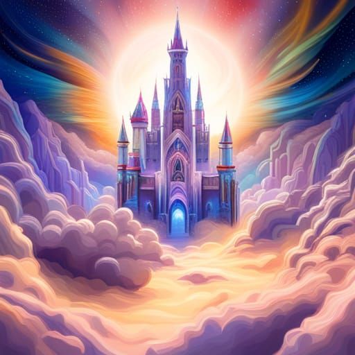 Astral Castle on Cloud Illustration in Holographic Style
