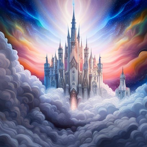 Astral Castle on Cloud in Holographic Illustration