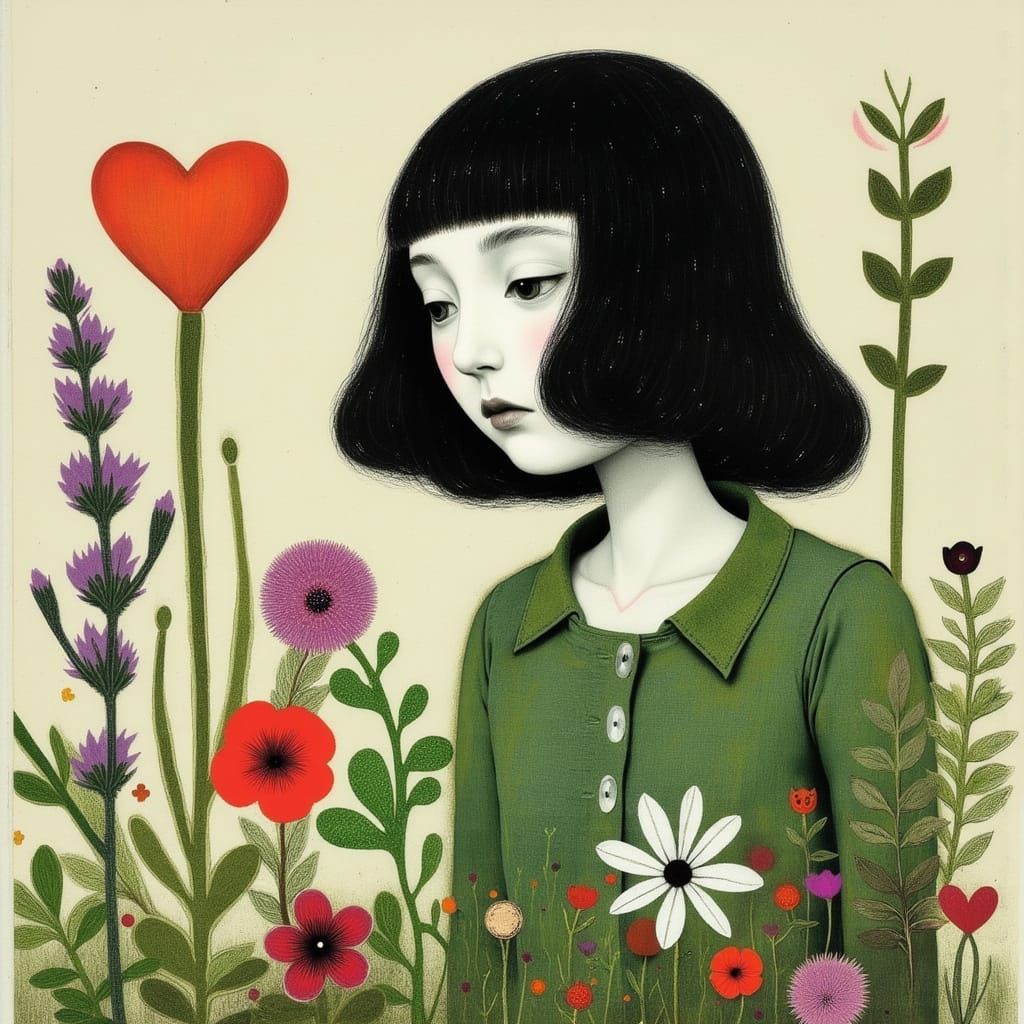 Introspective Woman Amidst Herbs and Flowers