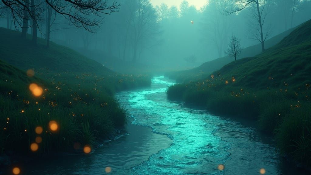 Ethereal Brook Illuminated in Turquoise and Emerald Hues, as...