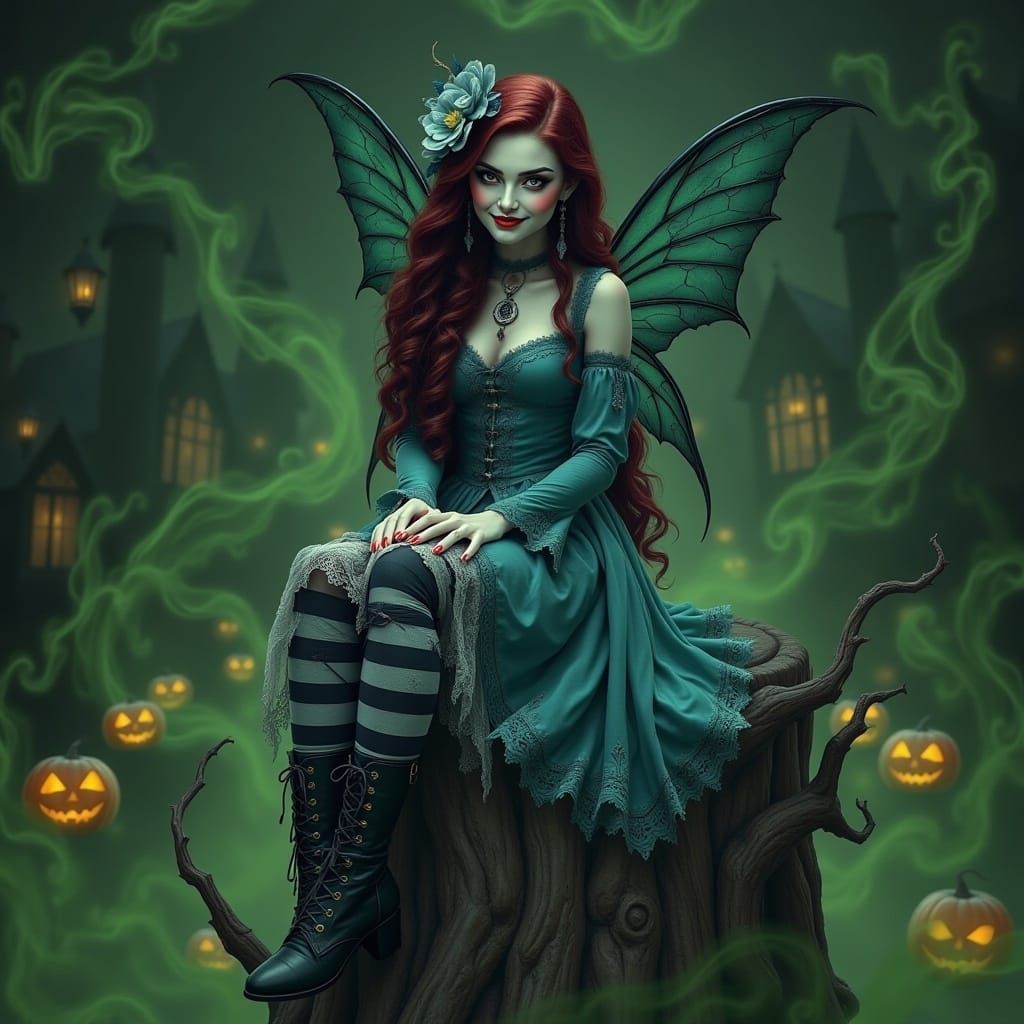 Victorian Vampire-Fairy in Halloween Town, Digital Art