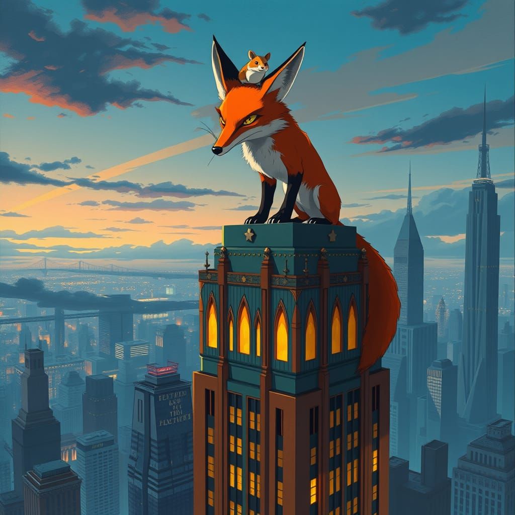 Giant Fox on Skyscraper with Hamster on Head