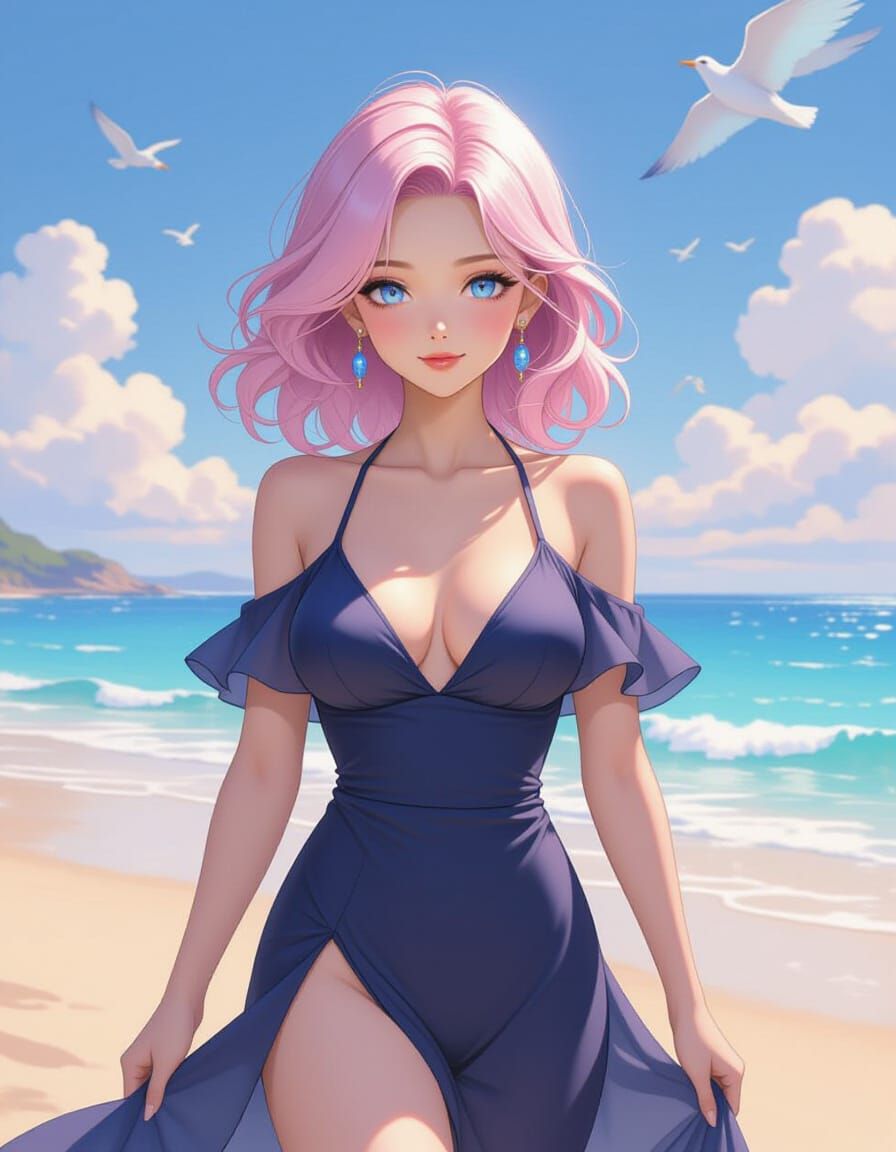 Anime Pin-Up Woman on Beach in Soft Golden Hour Light