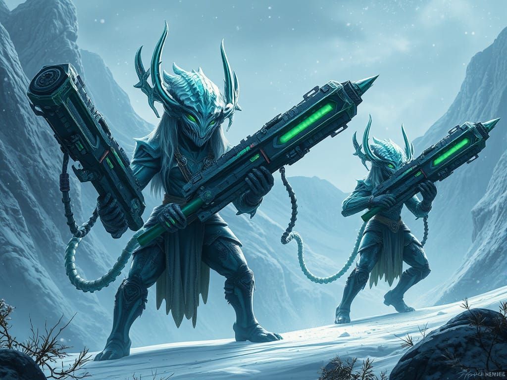 Sci-Fi Alien Warriors in Futuristic Mountain Landscape