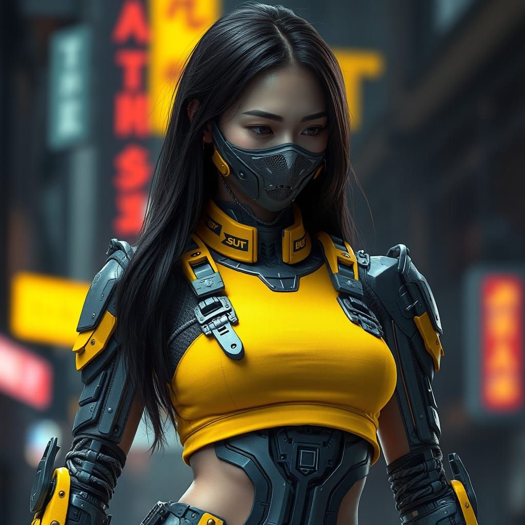 Cyberpunk Goddess with Mechanical Suit and Yellow Accents
