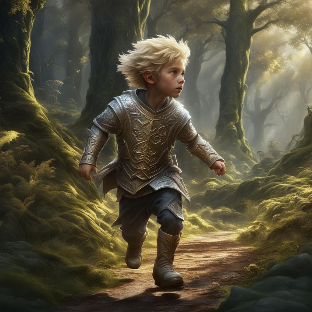 Boy Runs Through Forest in John Howe Style