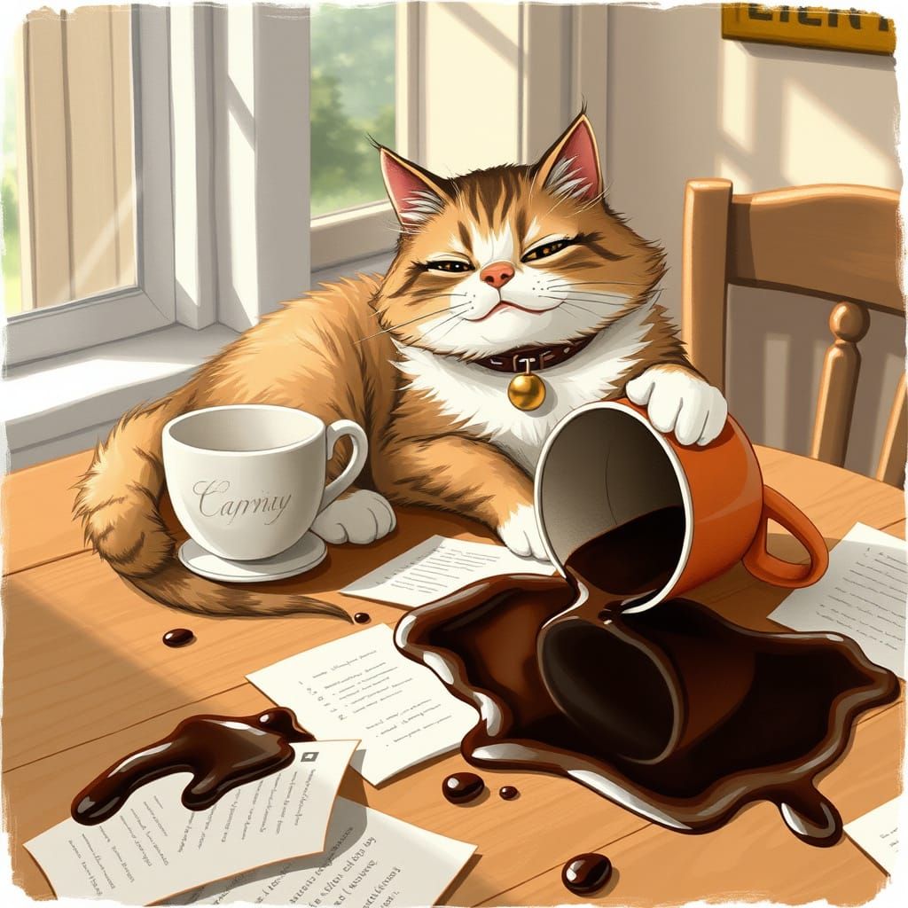 Fluffy Cat's Coffee Mishap: Whimsical Illustration