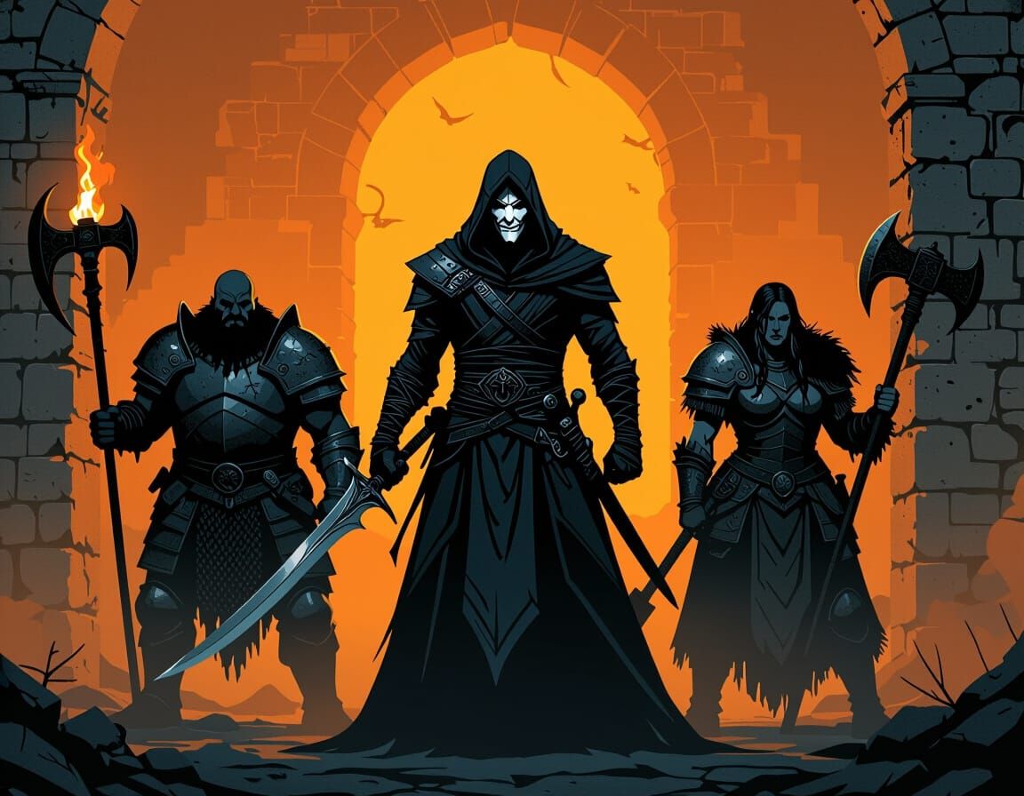 Dark Fantasy Warriors in a Ruined Gothic Setting