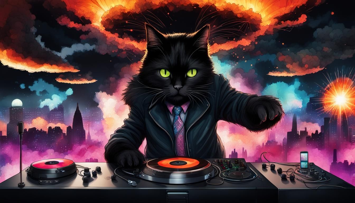 Cat DJ in Glasgow with Explosion: Watercolour and Ink