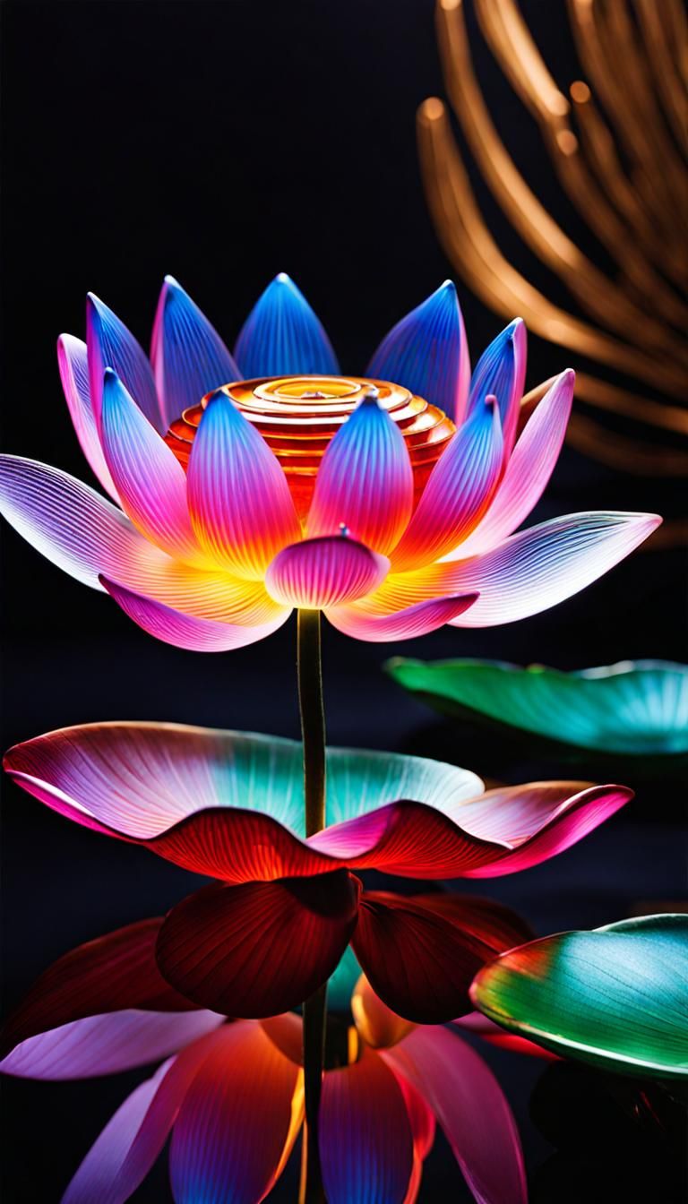 Brilliant Crystal Lotus Sculpture in Fantasy Light