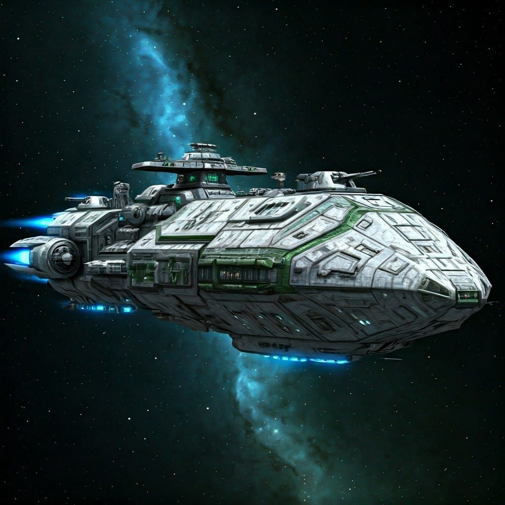 Futuristic Warship in Nebula, Syd Mead Style