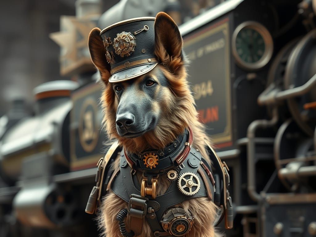 Steampunk Cybernetic German Shepherd Guarding Steam Train