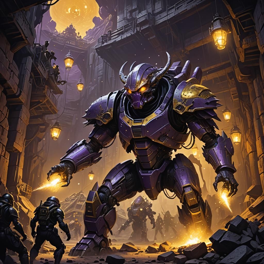 Armored Alien Invasion in Gold Mine: Dark Fantasy Art