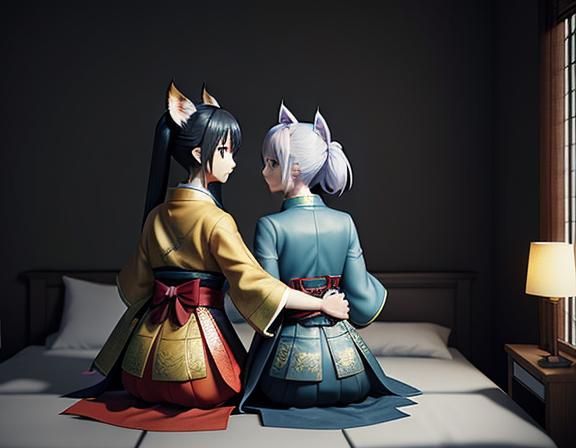 Two Kitsune Kissing in Manga-Inspired 3D Illustration
