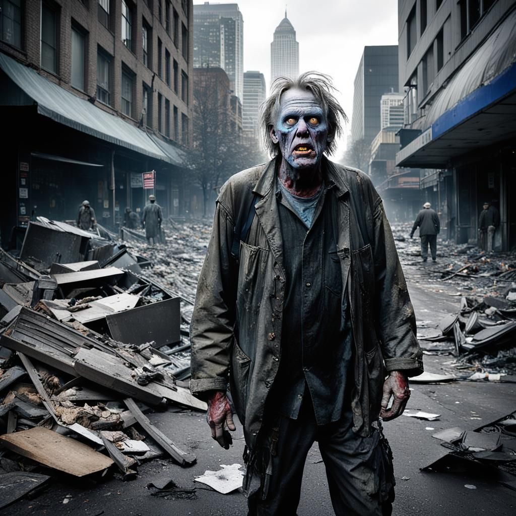 Zombie in Post-Apocalyptic Portland: Cinematic Film Still