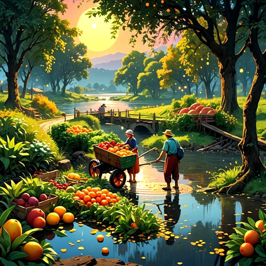 Village Couples Loading Vegetables Cart: Fantasy Art