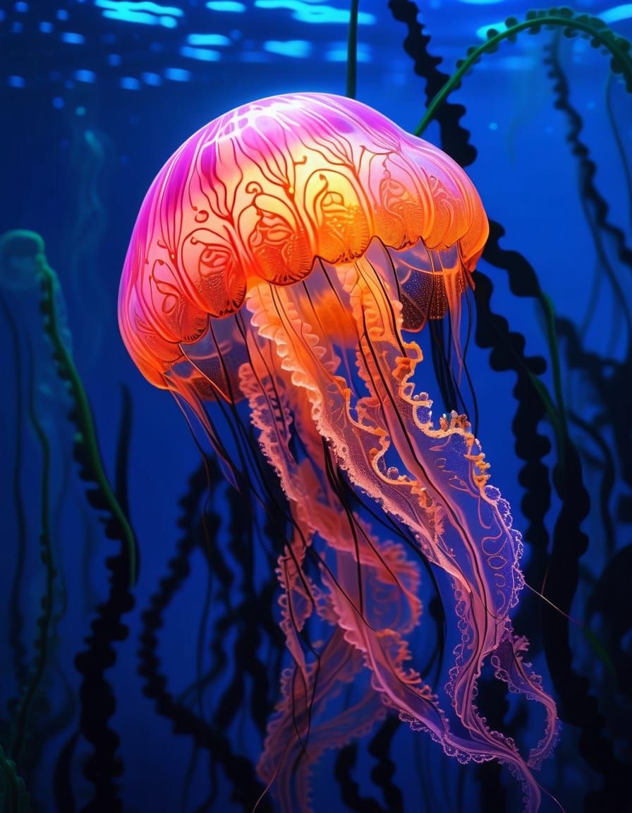 Bioluminescent Jellyfish with Filigree Texture in Hyperreali...