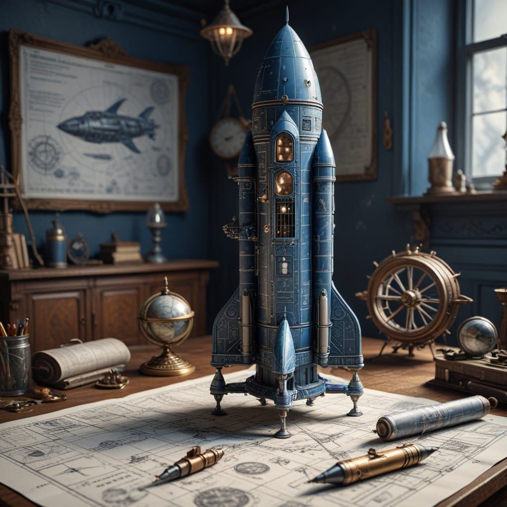 Intricate Rococo Space Rocket Blueprint