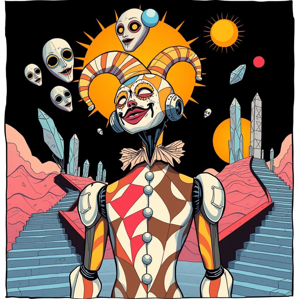 Robotic Harlequin with Melting Face in Bold Cartoon Style