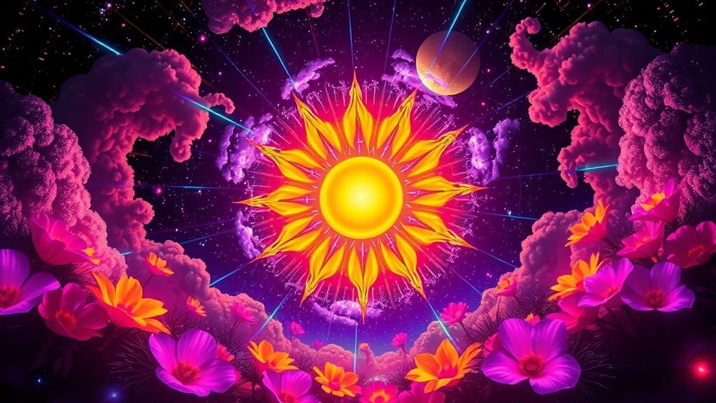 Bioluminescent Flowers in Fibonacci Spiral with Golden Sun