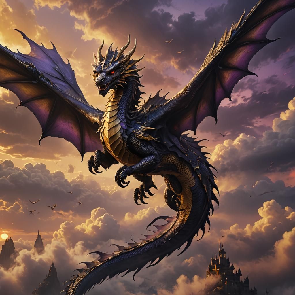 Dragon Soaring at Sunset: Dark Fantasy Art
