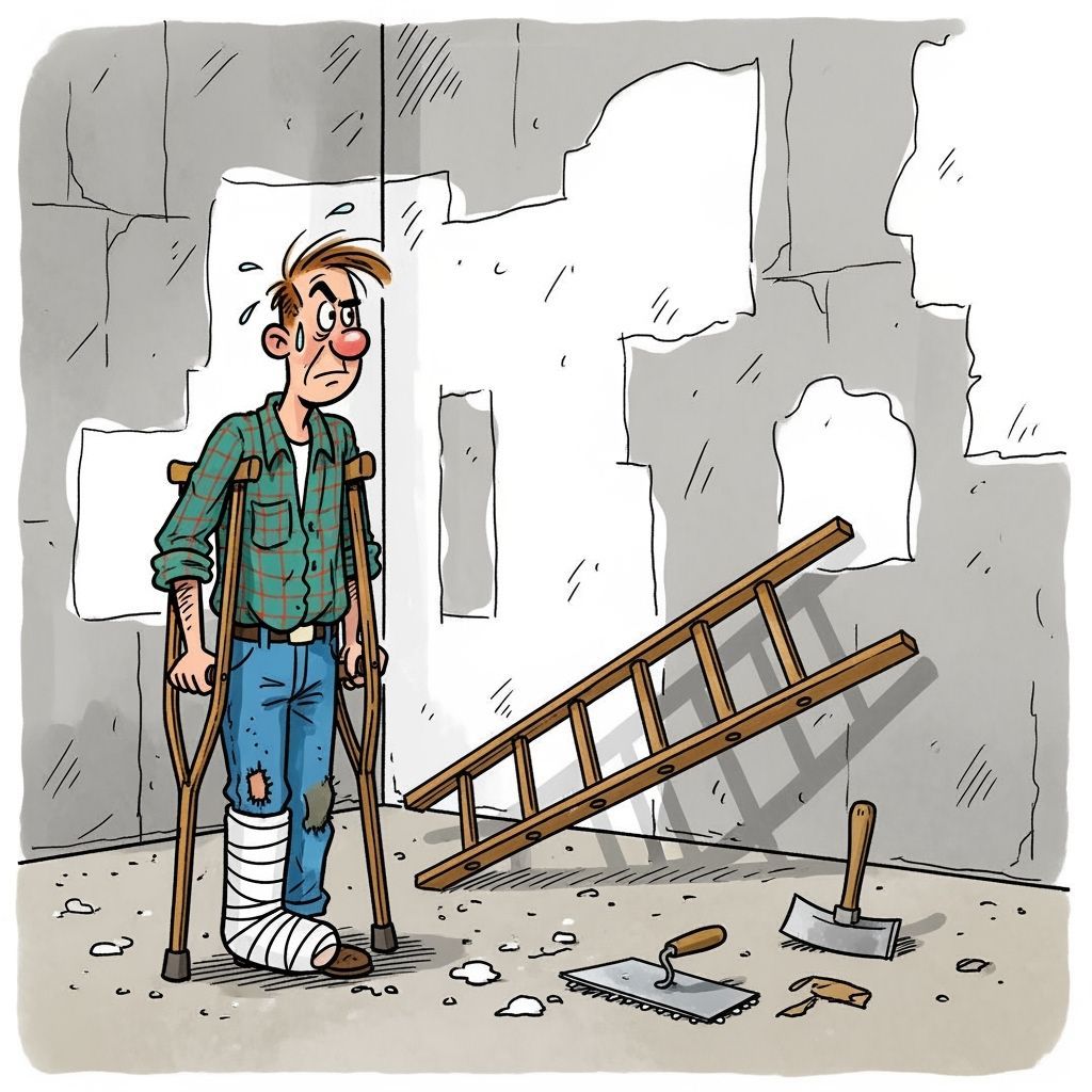 Cartoon Decorator with Broken Leg in Sketch Style