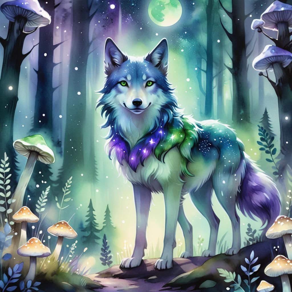 Star Wolf Girl in Dreamy Watercolor Forest