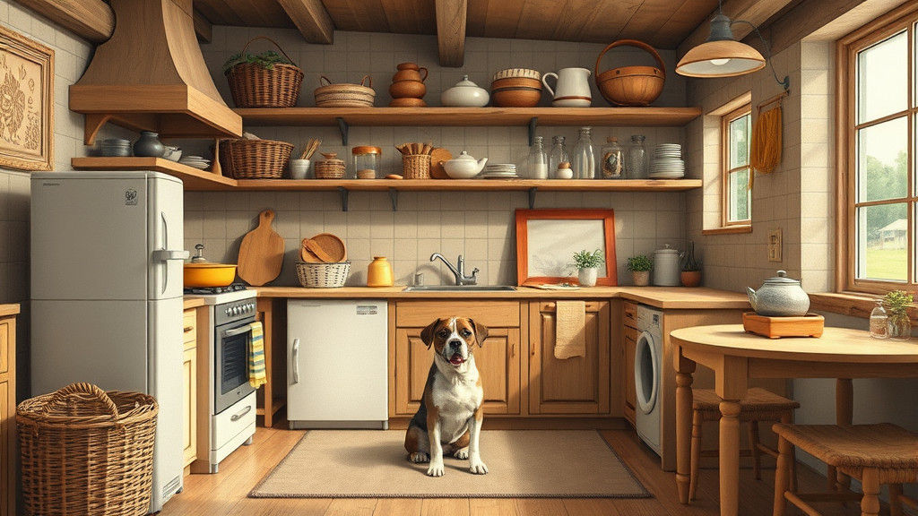 Dog-Sized Rustic Kitchen in Whimsical Illustration Style