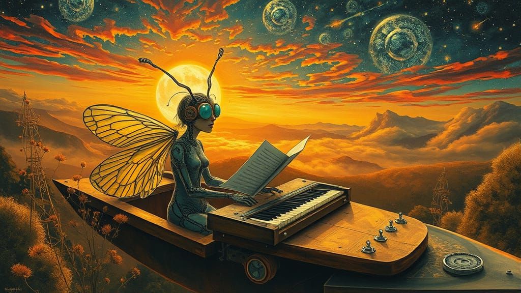 Surreal Poets in Insectoid Goggles Compose on Mycelium Keybo...