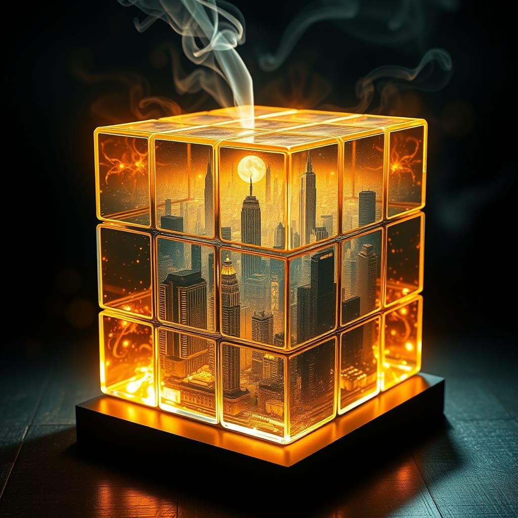 Glowing Glass Rubik's Cube with Cosmic Cityscapes