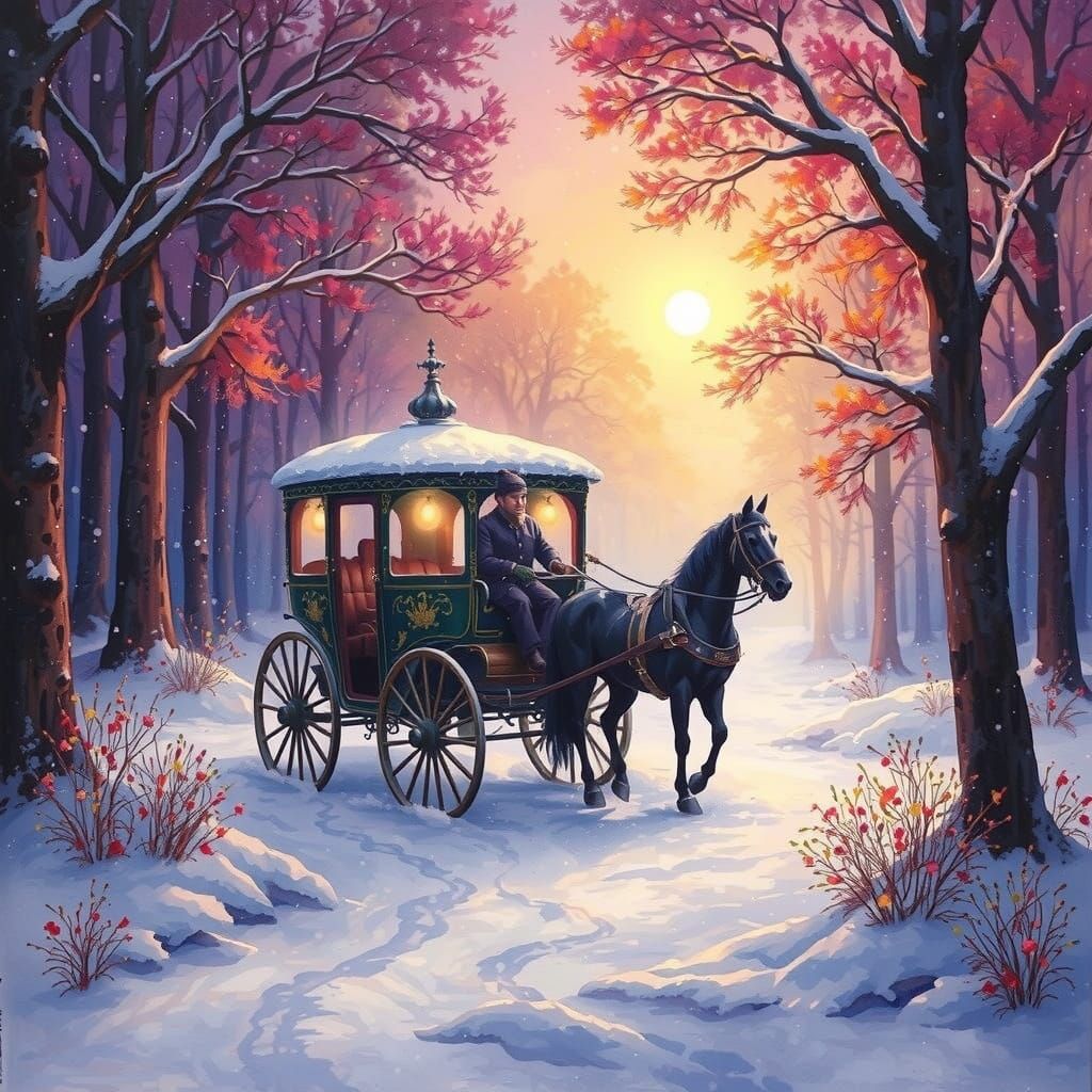 Black Stallion in a Winter Storm, in a Whimsical Artistic St...