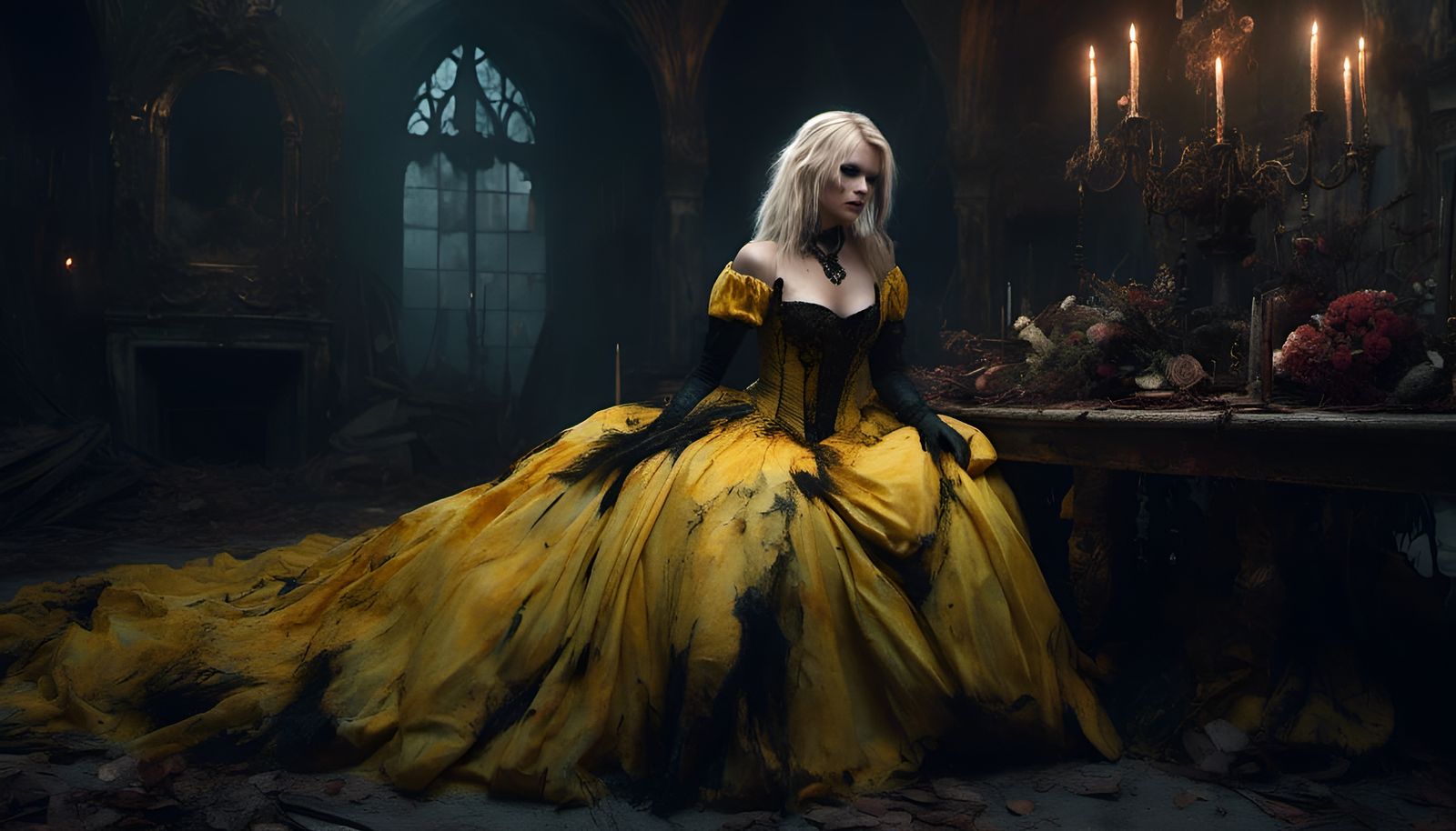 Blonde Vampire Girl in Gothic Ball Gown
