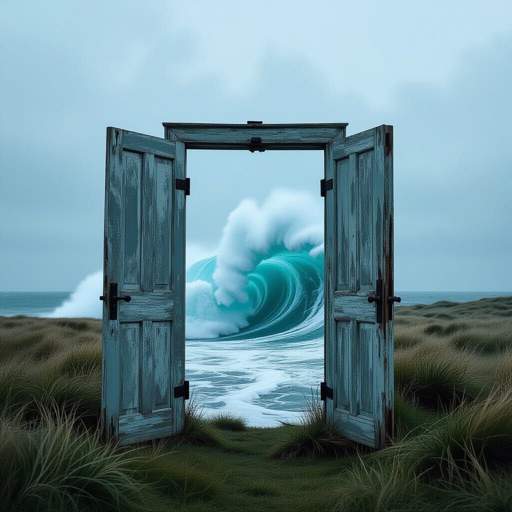 Surreal Wooden Door Reveals Crashing Ocean Wave