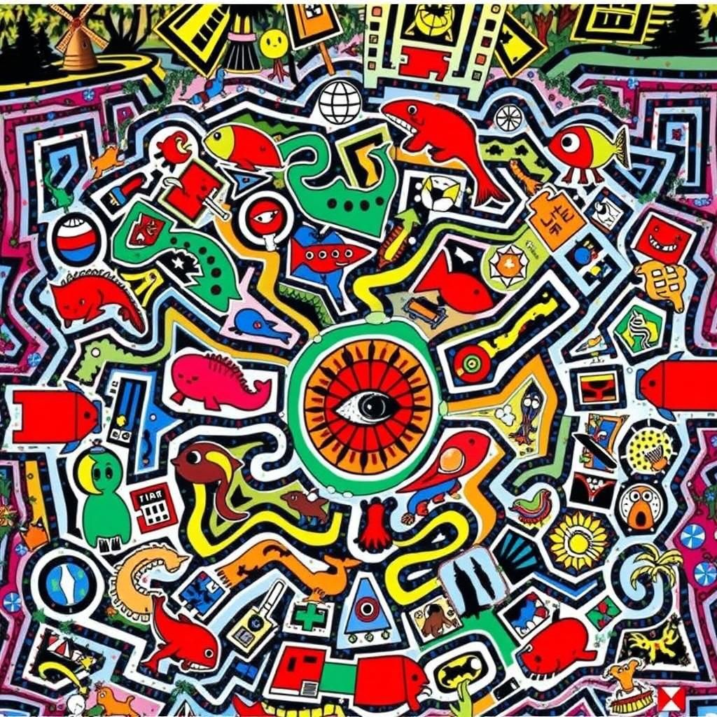 Kaleidoscopic World Map with Diverse Animals, Biopunk Style