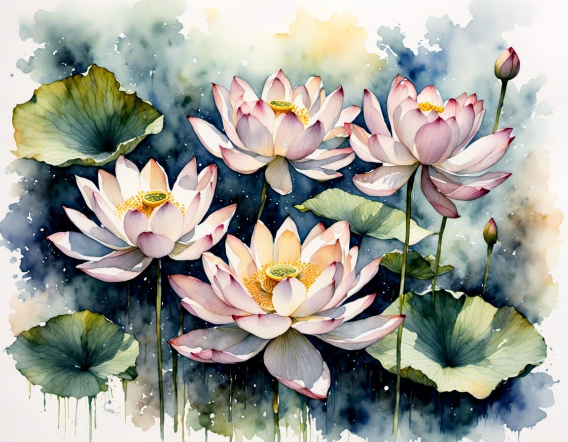 Lotus Flowers in Muted Chinese Ink Painting Style