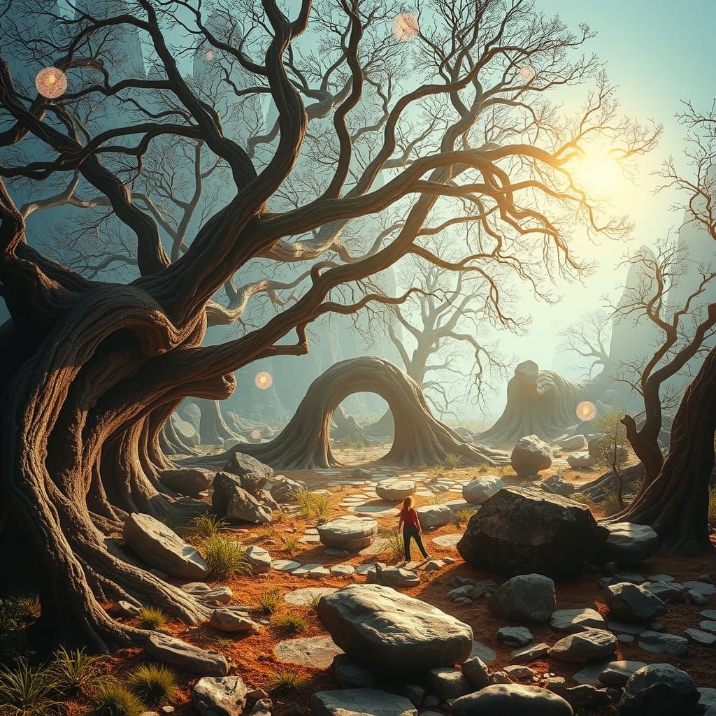 Ethereal Traveler in Mystical Organic Landscape