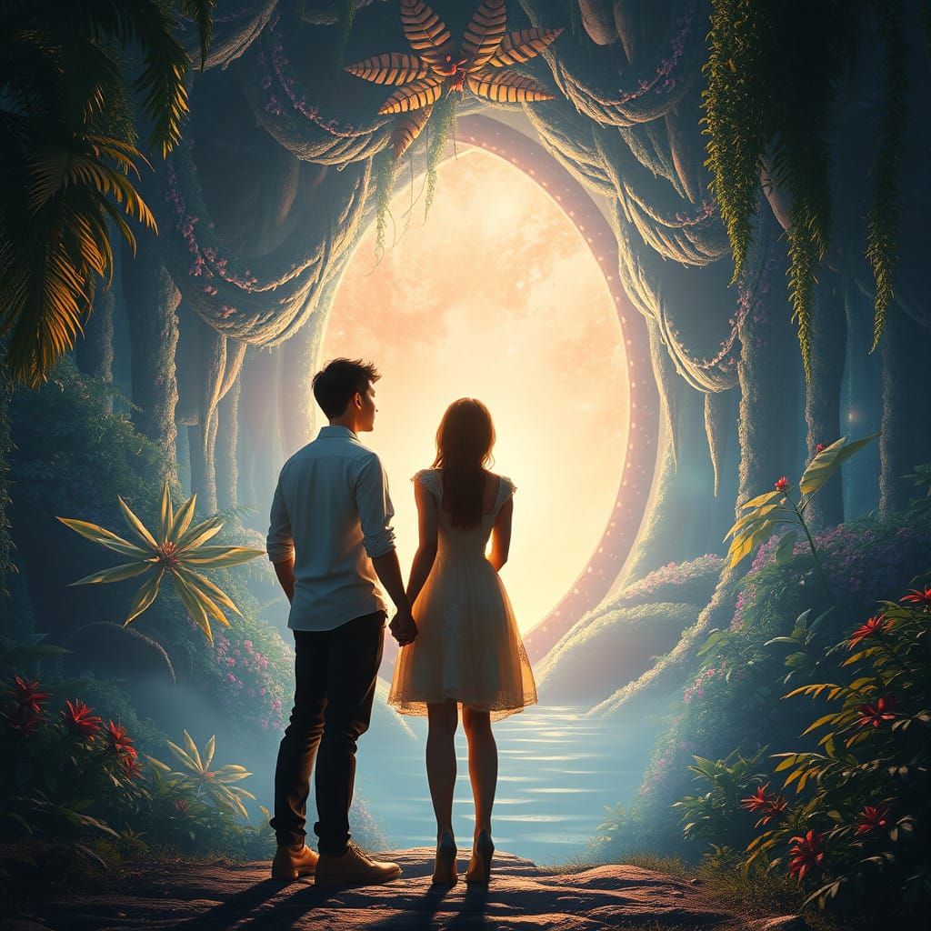 Couple Lost in Shimmering Portal of Enchanted Dreamscape