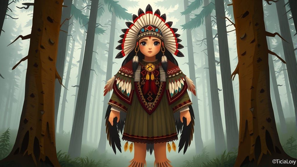 Gitche Manitou in Misty Forest, Whimsical Illustration