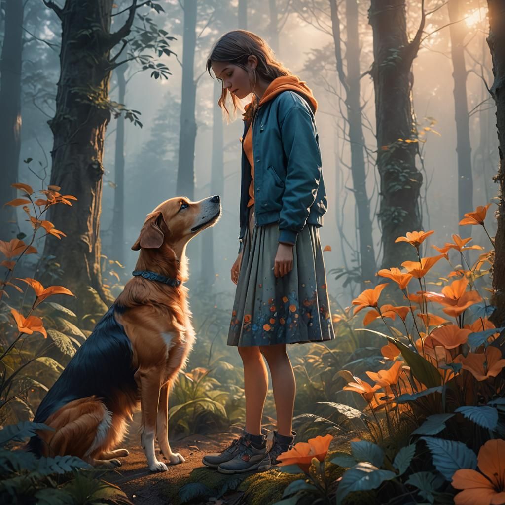 Girl and Dog in Misty Forest: Fantasy Concept Art