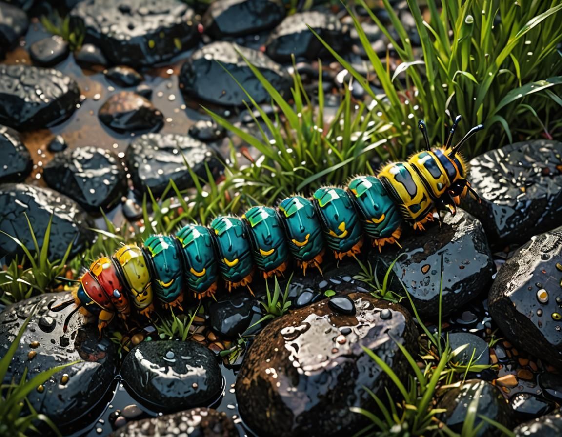 Caterpillar on Rain-Kissed Rocks: Hyperrealistic Photo