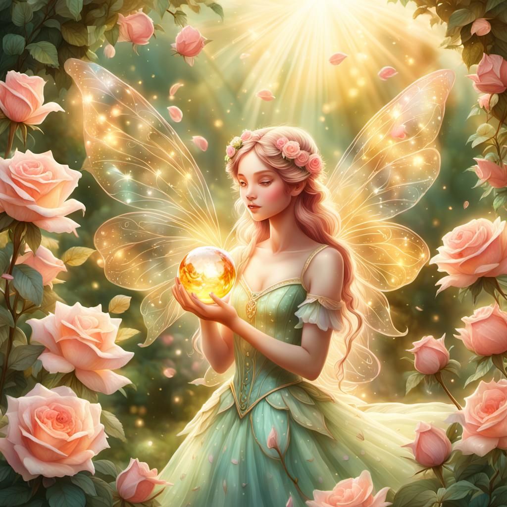 Fairy in Rose Garden with Magical Orb