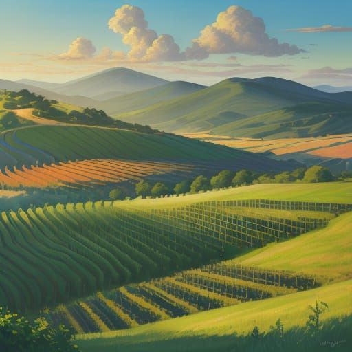 Serene Vineyard Landscape in Impressionist Style
