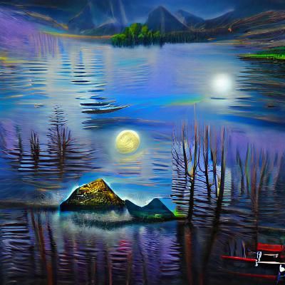 Moonlit Mountain Landscape Reflected in Lake: Acrylic Art