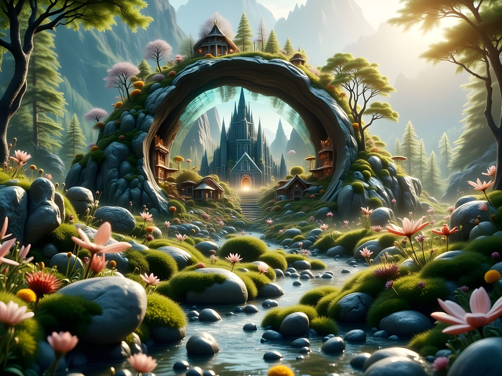 Enchanted Pine Cone Palace with Fairies in Hyperrealism