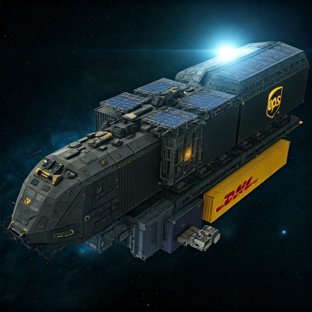 futuristic spaceship designed for UPS, DHL, FedEx, specialized in interplanetary deliveries