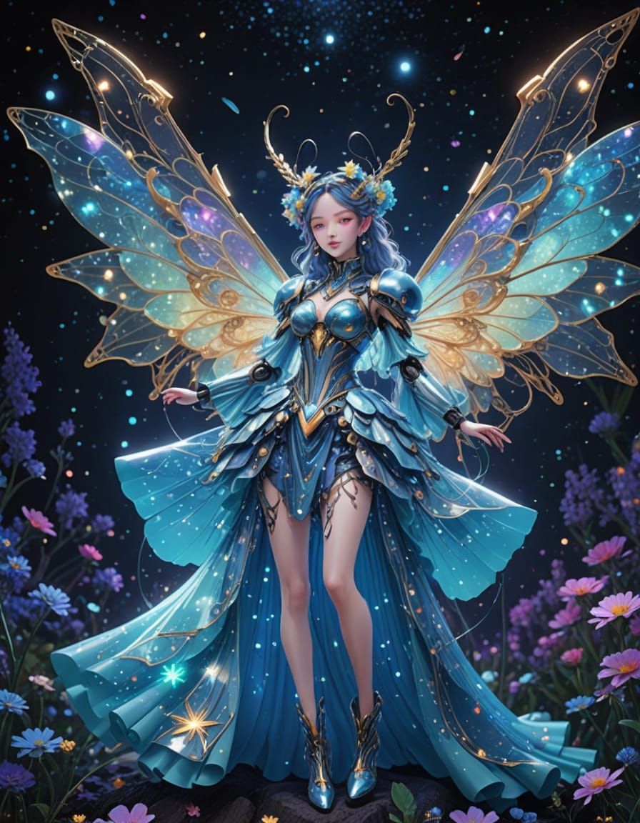 Robot Fairy with Golden Wings in Sci-Fi Style