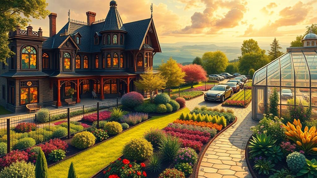 Victorian Estate Amidst Whimsical Gardens and Farm