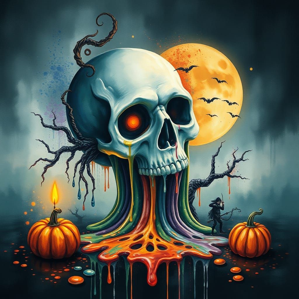 Surreal Melting Halloween Watercolor Painting in Style of Da...